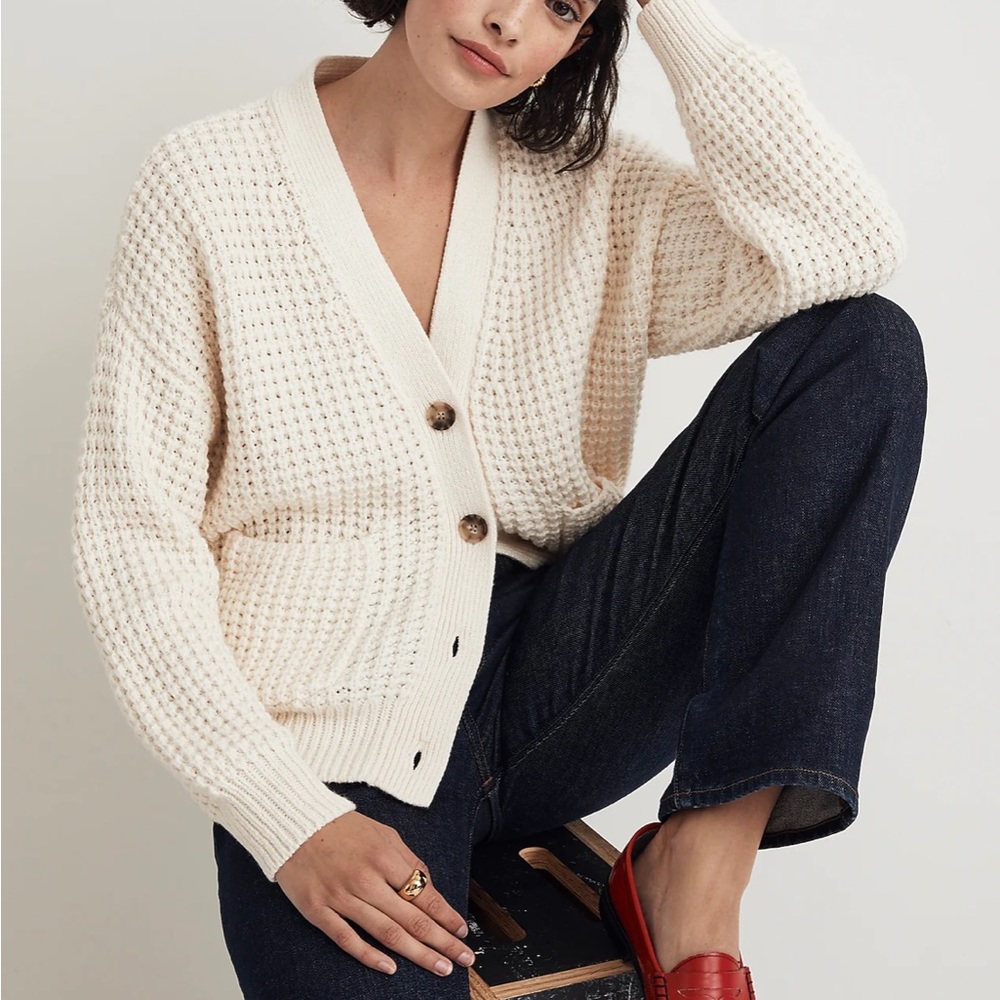 Waffle-Knit V-Neck Cardigan - Picture 3 of 4